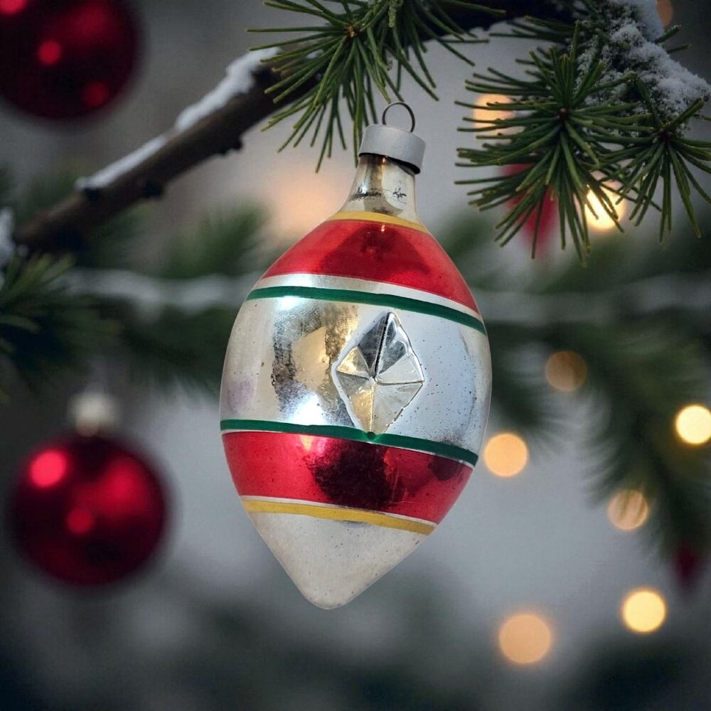 VTG MCM Christmas Ornament Teardrop‎ Reflector Mercury Glass Indent Silver